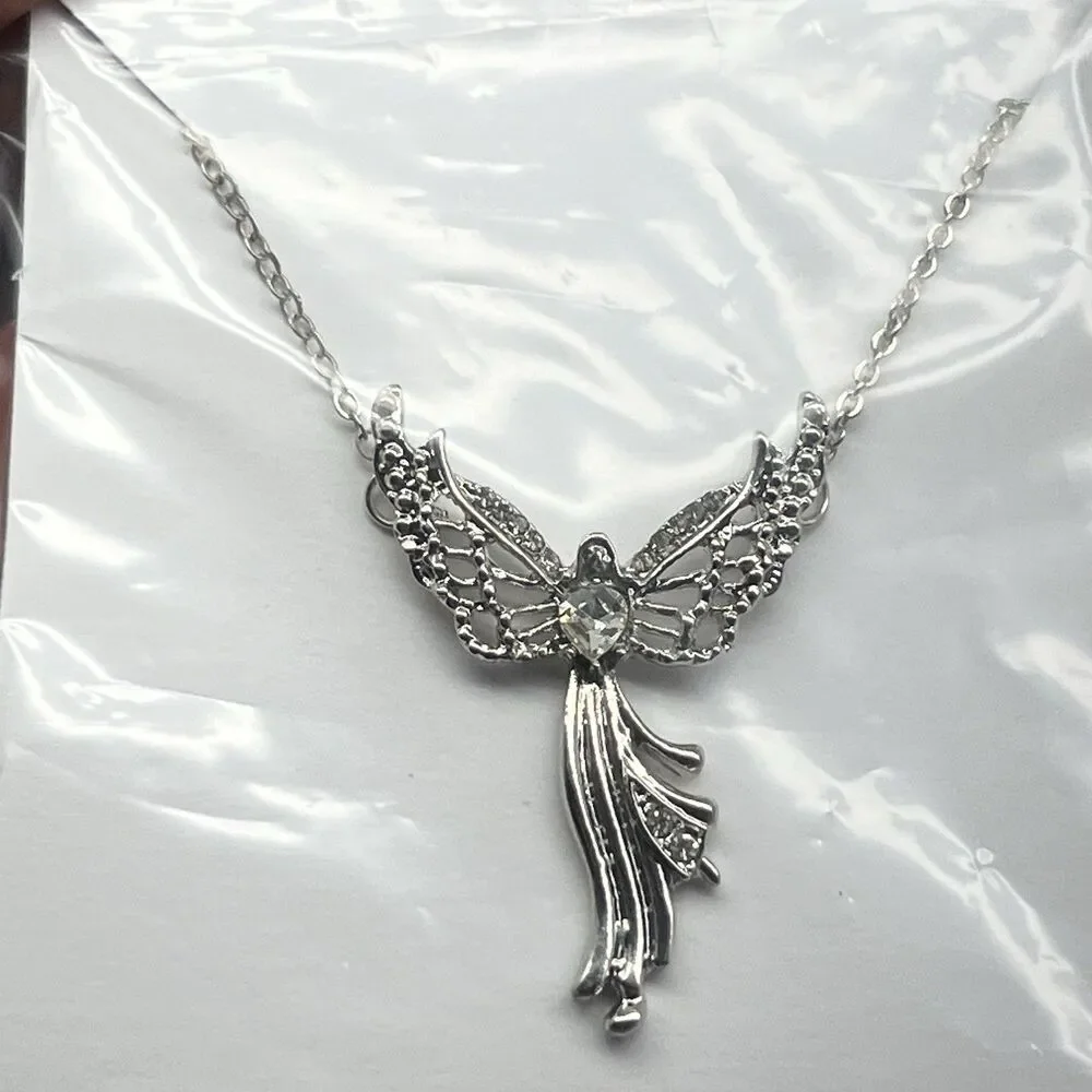 Silver Tone Guardian Angel Adjustable Necklace w/Rhinestone Lobster Claw Clasp.